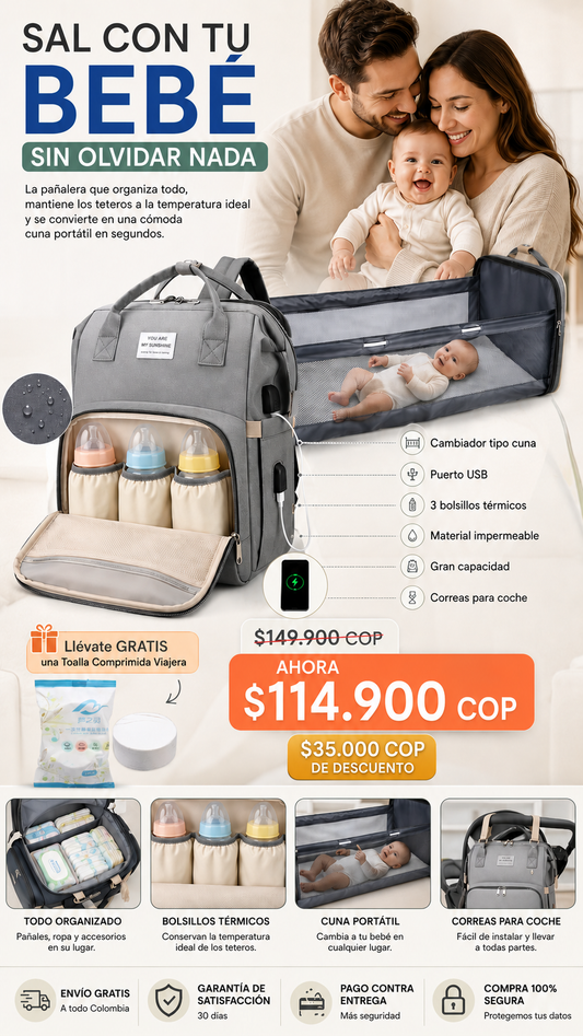 Bolso pañalera tipo cuna con cambiador