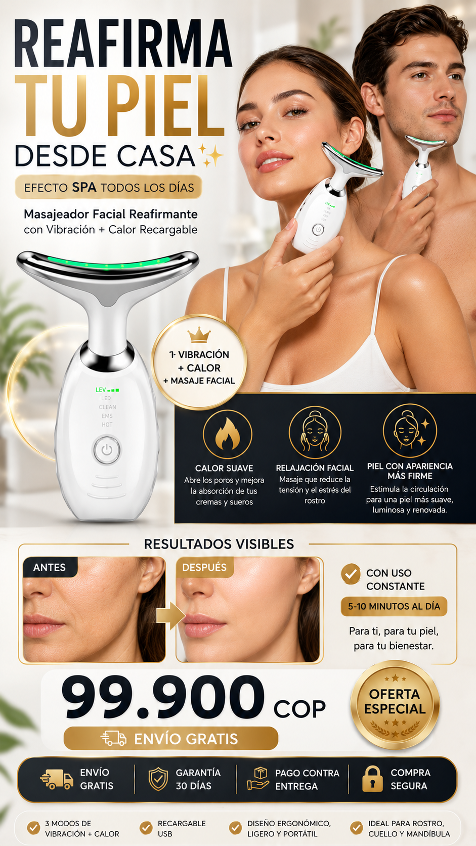 Masajeador Facial Reafirmante con Vibración + Calor